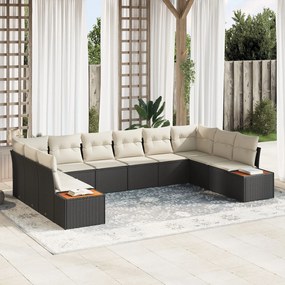 vidaXL Set canapea de grădină cu 10 piese cu perne - Negru - Ratan poli - Acacia