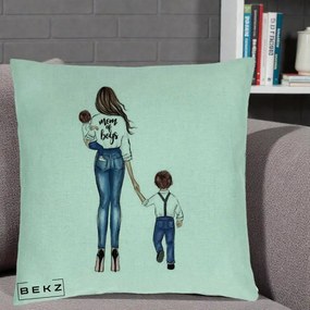 Cadou pentru Mama - Perna Personalizata Mom of Boys Mama cu Baietii, 40x40 cm, Verde Menta, Husa Detasabila, Perna Inclusa, BEKZ®