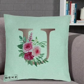 Cadou Personalizat - Perna Personalizata Monograma Rose Gold Litera U, 40x40 cm, Verde Menta, Husa Detasabila, Perna Inclusa, BEKZ®