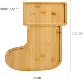 Tava de servit din bambus in forma de ciorap tema Craciun Kesper 94072, 2 compartimente, 30,5 cm, Maro
