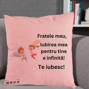 Cadou pentru Frate - Perna Personalizata Fratele Meu Te Iubesc Copii Batalie Perne, 40x40 cm, Roz, Husa Detasabila, Perna Inclusa, BEKZ®