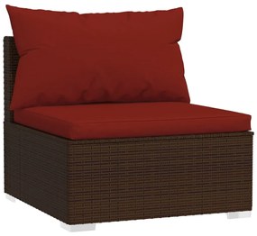 Set mobilier de gradina cu perne, 9 piese, maro, poliratan maro si rosu, 3x colt + 4x mijloc + 2x suport pentru picioare, 1