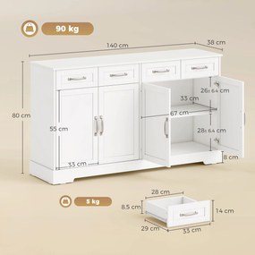 HOMCOM Dulap de Bucătărie, Mobilier de Bucătărie cu 4 Sertare, 4 Uși și 2 Rafturi Reglabile, Alb | Aosom Romania