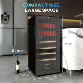 HOMCOM Vitrină Frigorifică pentru Vinuri 20 Sticle 92L, Temperatura Reglabilă 5-18℃, Frigider Vinuri Silențios cu Sticlă Anti-UV, Rafturi, Compresor, Display Touch și LED, Clasa G | Aosom Romania
