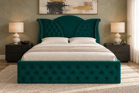 Pat tapițat Chesterfield din catifea Velora Deluxe Classic 160×200 cm, verde, cu ladă de depozitare