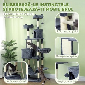 PawHut Ansamblu de Cățărat pentru Pisici, 206 cm, cu Stâlpi din Sisal, Căsuțe și Hamace, Gri Închis | Aosom Romania
