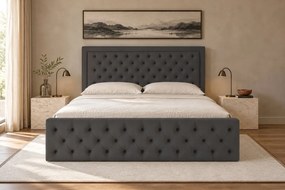 Pat tapițat Chesterfield din catifea Ophelia Deluxe 140×200 cm, gri închis, cu ladă de depozitare