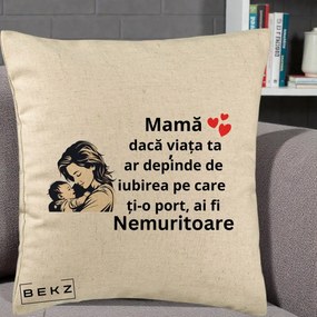 Cadou pentru Mama - Perna Personalizata Mama Nemuritoare Aproape de Bebe, 40x40 cm, Bej, Husa Detasabila, Perna Inclusa, BEKZ®