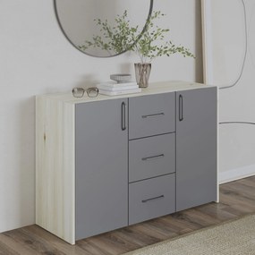 Comoda Malmo, 3 Sertare, 2 Usi, Stejar Alb/Antracit, 120 x 42 x 80 cm