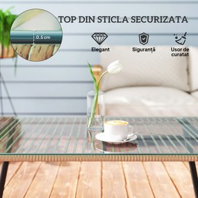 Outsunny Măsuță de Grădină din Ratan PE și Sticlă 110x60x40 cm Lemn Natural | Aosom Romania