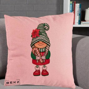 Perna Decorativa Gnom Craciun Verde cu Bomboane si Floare, 40x40 cm, Roz, Husa Detasabila, Perna Inclusa, BEKZ®