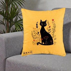 Perna Decorativa Pisica Neagra Botanica Rosu-Gri, 40x40 cm, Galben, Husa Detasabila, Perna Inclusa, BEKZ®