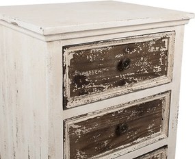 Comodă îngustă, vintage, din lemn, alb și maro, cu 4 sertare, butoni din metal și picioare curbate, 81 x 44 x 35 cm, „Renard”