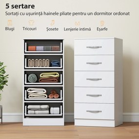 HOMCOM Comodă cu 5 Sertare, Design Modern, Slim, cu Mânere Argintii, Ideală pentru Dormitor, Cameră, Hol sau Living, Dimensiuni 40x35x85 cm, Alb | Aosom Romania