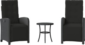 vidaXL Set bistro cu perne, 3 piese, negru, poliratan