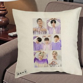 Perna Personalizata K-pop BTS Colaj 7 Portrete cu Inimi Lila, 40x40 cm, Ecru, Husa Detasabila, Perna Inclusa, BEKZ®