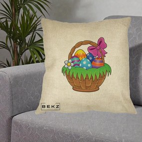 Perna Decorativa Cos cu Oua de Pasti Colorat, 40x40 cm, Crem, Husa Detasabila, Perna Inclusa, BEKZ®