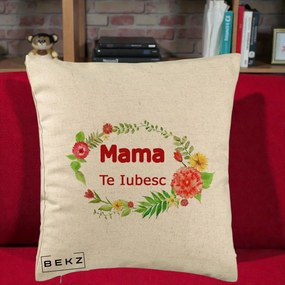 Cadou pentru Mama - Perna Personalizata Mama Te Iubesc Flori Rosii, 40x40 cm, Bej, Husa Detasabila, Perna Inclusa, BEKZ®
