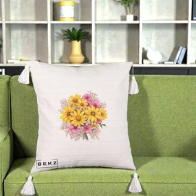 Perna Decorativa Floarea-Soarelui cu Cosmos Roz si Gypsophila, 40x40 cm, Bej cu Franjuri, Husa Detasabila, Perna Inclusa, BEKZ®
