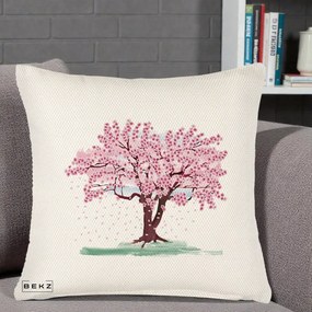 Perna Decorativa Cires Inflorit Acuarela, 40x40 cm, Crem Reliefat, Husa Detasabila, Perna Inclusa, BEKZ®