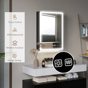 HOMCOM Dulap cu Oglindă pentru Baie cu Lumini LED și Priză pentru Aparat de Ras, Dulap Suspendat cu Funcție Anti-Ceață, Reglare Luminozitate, 3 Culori, Negru | Aosom Romania