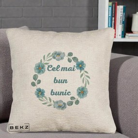 Cadou pentru Bunic - Perna Personalizata Cel Mai Bun Bunic Coronita Flori Albastre Teal, 40x40 cm, Bej Canapea, Husa Detasabila, Perna Inclusa, BEKZ®