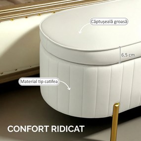 HOMCOM Bancă de Depozitare de Intrare Ovală 72L, Design Canelat cu Capac Rabatabil și Scaun Capitonat, Bancă de la Capătul Patului, Pouf, în Velur și cu Picioare din Lemn de Pin, 108x44x43.5 cm, Crem | Aosom Romania