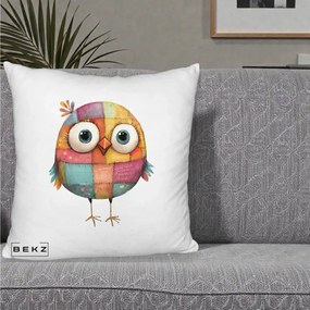 Perna Decorativa Pasare Patchwork Colorata, 40x40 cm, Alb Pufos, Husa Detasabila, Perna Inclusa, BEKZ®
