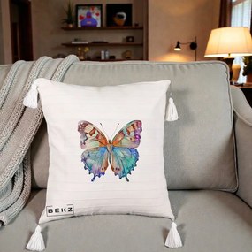 Perna Decorativa Fluture Acuarela Multicolor Portocaliu-Bleu-Mov, 40x40 cm, Bej cu Franjuri, Husa Detasabila, Perna Inclusa, BEKZ®