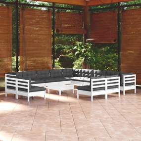 3096894 vidaXL Set mobilier grădină cu perne, 14 piese, alb, lemn masiv pin