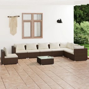 Set mobilier de gradina cu perne, 9 piese, maro, poliratan