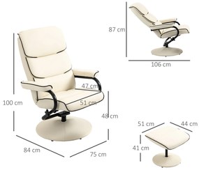 HOMCOM Fotoliu relax cu taburet, fotoliu TV cu spătar înclinat, pivotant la 360°, șezut căptușit confortabil, crem | Aosom Romania