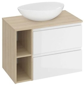 Set mobilier baie pentru lavoar, 2 sertare, blat inclus, polite prosop, alb-stejar, 80 cm, Cersanit Moduo