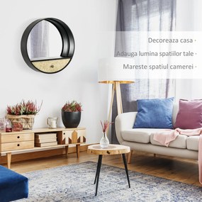 HOMCOM Oglindă Decorativă Rotundă cu Sertar, Cadru Metal și MDF, Ø61cm, Negru, pentru Living și Dormitor | Aosom Romania