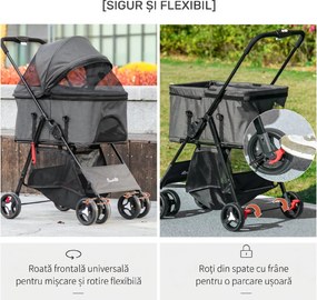 PawHut Cărucior 3 în 1 pentru Câini, Cărucior pentru Animale de Companie cu Lesă, Pernă, Coș și Baldachin, 76x51x100 cm, Gri | Aosom Romania
