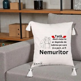 Cadou pentru Tata - Perna Personalizata Tata Nemuritor Baietel, 40x40 cm, Bej cu Franjuri, Husa Detasabila, Perna Inclusa, BEKZ®
