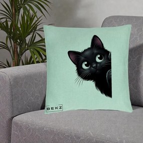 Perna Decorativa Pisica Neagra Dragalasa Curioasa, 40x40 cm, Verde Menta, Husa Detasabila, Perna Inclusa, BEKZ®