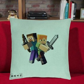 Perna Personalizata Minecraft Steve si Alex, 40x40 cm, Verde Menta, Husa Detasabila, Perna Inclusa, BEKZ®