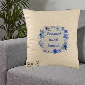 Cadou pentru Bunica - Perna Personalizata Cea Mai Buna Bunica Coronita Flori Albastre Acuarela, 40x40 cm, Bej, Husa Detasabila, Perna Inclusa, BEKZ®