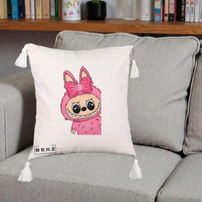Perna Personalizata Labubu Roz cu Funda, 40x40 cm, Bej cu Franjuri, Husa Detasabila, Perna Inclusa, BEKZ®