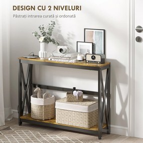 HOMCOM Masă Subțire de Consolă, Masă Industrială cu Două Nivele, Masă de Canapea Îngustă cu Cadru X din Oțel, 100x24x75 cm, Maro