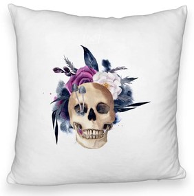 Perna Decorativa Fluffy cu motiv Craniu si Flori de Halloween, 40x40 cm, Alba, Husa Detasabila, Burduf