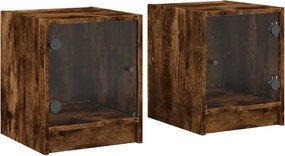 vidaXL Noptiere cu uși din sticlă, 2 buc., stejar afumat, 35x37x42 cm