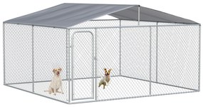 PawHut Țarc pentru Câini Talie Medie, Metal Galvanizat, Acoperiș Oxford, Ușă cu Zăvor, 400x230x232 cm, Argintiu | Aosom Romania