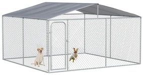 PawHut Țarc pentru Câini Talie Medie, Metal Galvanizat, Acoperiș Oxford, Ușă cu Zăvor, 400x230x232 cm, Argintiu | Aosom Romania