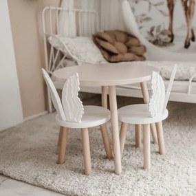 Set masuta rotunda roz si 2 scaunele ingeras albe