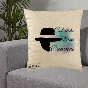 Cadou pentru Cumnat - Perna Personalizata Cel mai Bun Cumnat cu Silueta Palarie si Pete Teal-Roz, 40x40 cm, Bej, Husa Detasabila, Perna Inclusa, BEKZ®