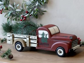 Decorațiune vintage camionetă cu brad de Crăciun, din lemn și metal, pictat manual, H16 cm
