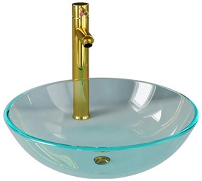 Chiuveta baie robinet si scurgere tip push, transparent sticla Transparent, Robinet auriu