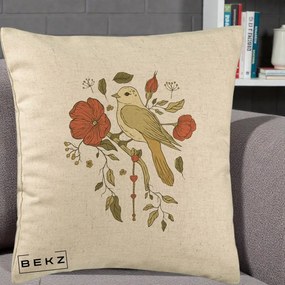 Perna Decorativa Pasare pe Ramura cu Maci, 40x40 cm, Bej, Husa Detasabila, Perna Inclusa, BEKZ®